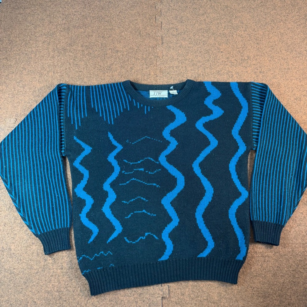 TJW by Mervyns Vintage Sweater Mens Medium Blue Black Geometric Zig Zag Acrylic